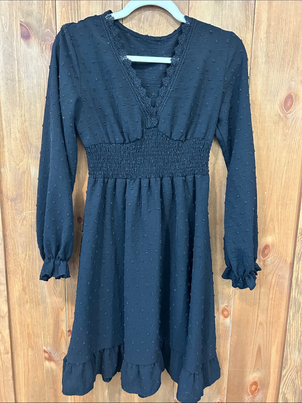 Womens Black Long-Sleeve Smocked Waist Dress size Small